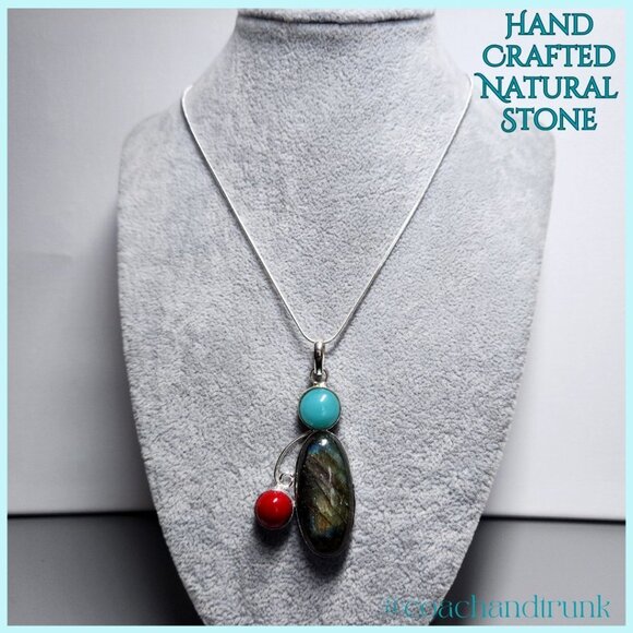 NEW ALL NATURAL LABRADORITE RED CORAL AMAZONITE Pendant 18" Sterling Necklace - Picture 6 of 8